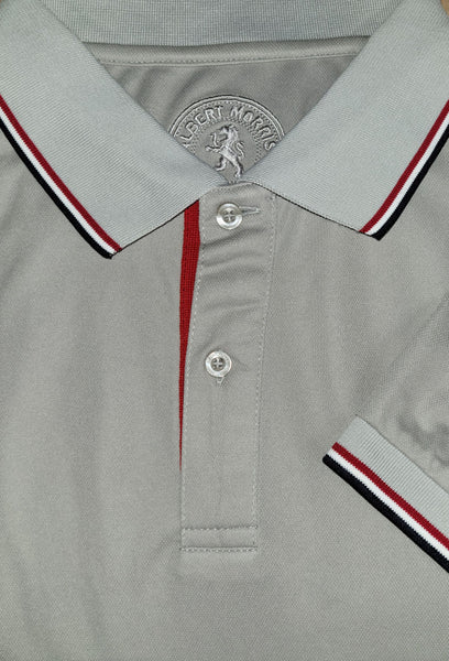 Gray Men's Polo Shirt with Red, White, and Navy Accent Stripes